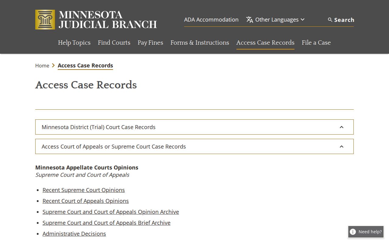 Chisago County court docket access records page