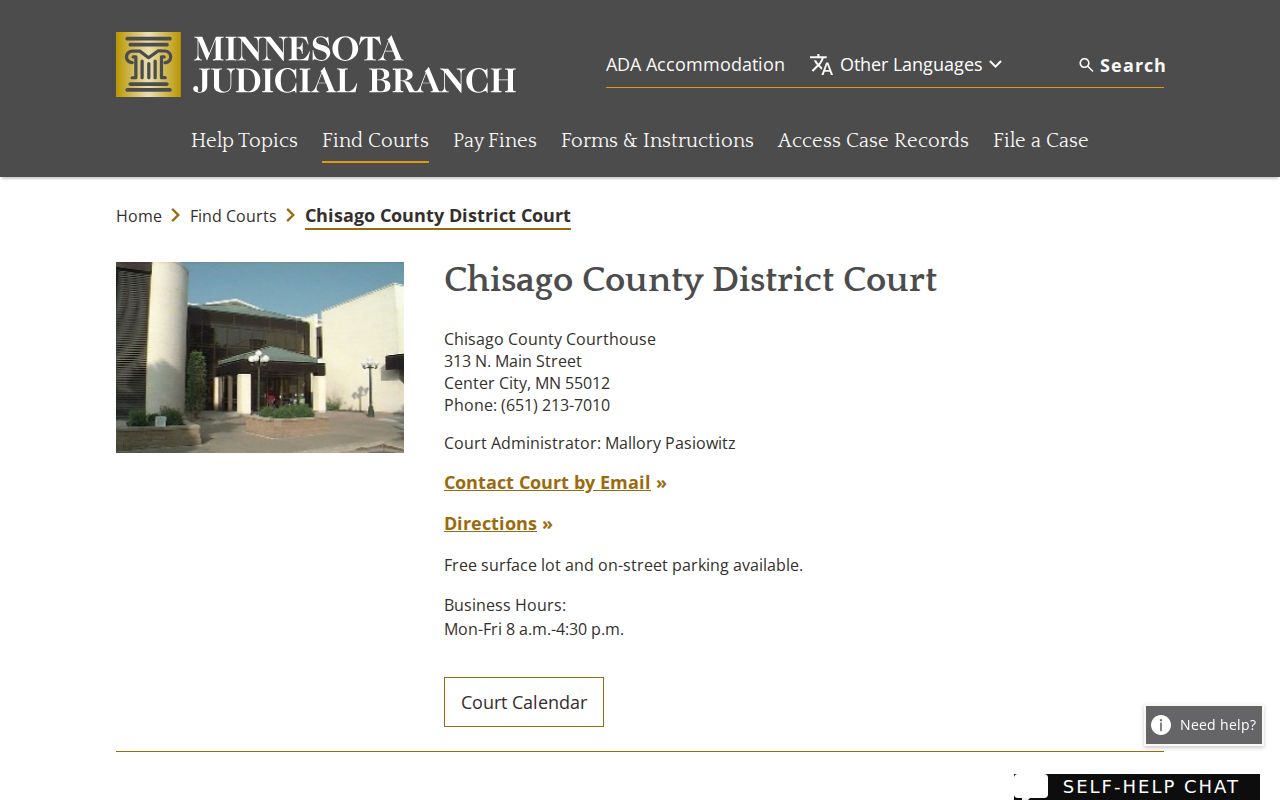 Chisago County court docket official court location page