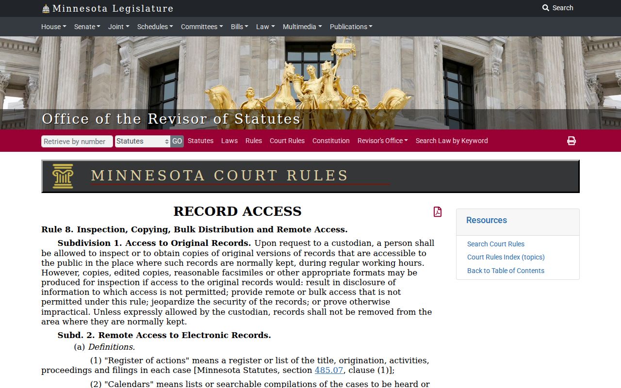 Chisago County court dates Minnesota Rule 8 remote access reference