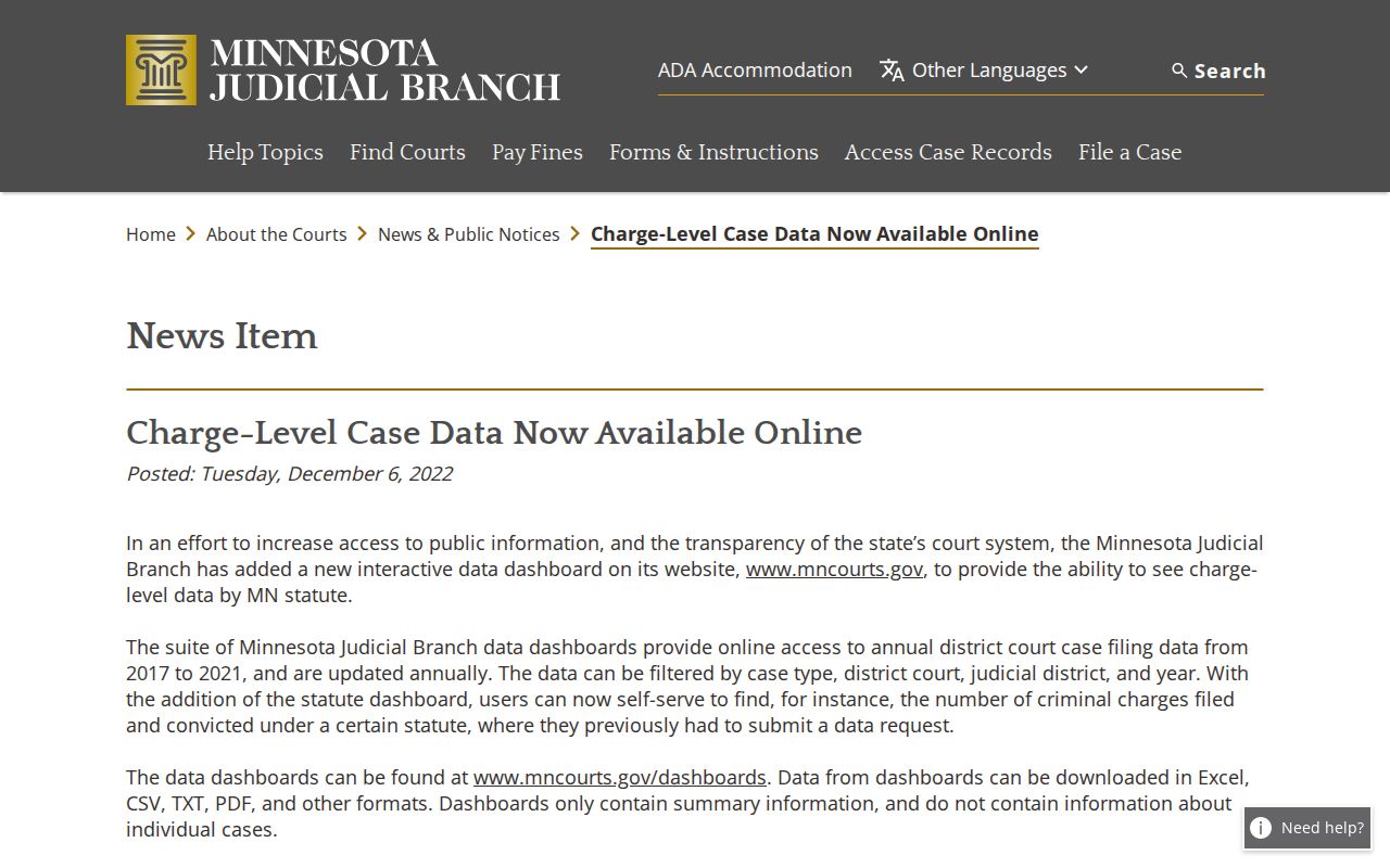 Chisago County civil docket Minnesota Judicial Branch data access reference