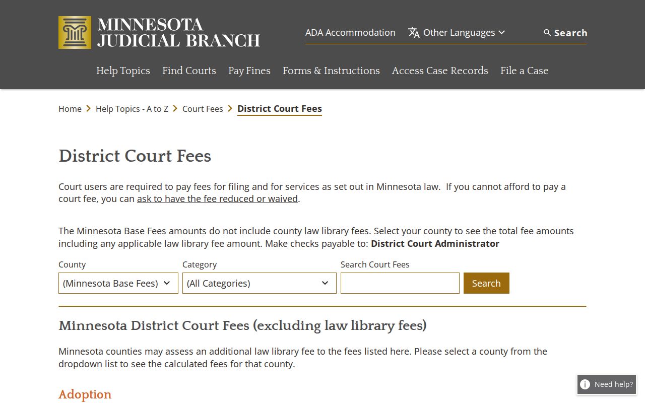 Chisago County civil docket Minnesota court fee information