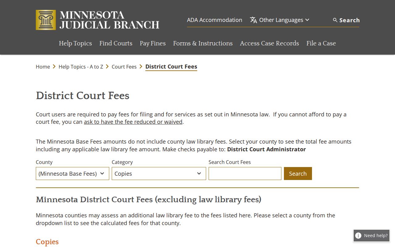 Chisago County civil docket district court copy fee reference